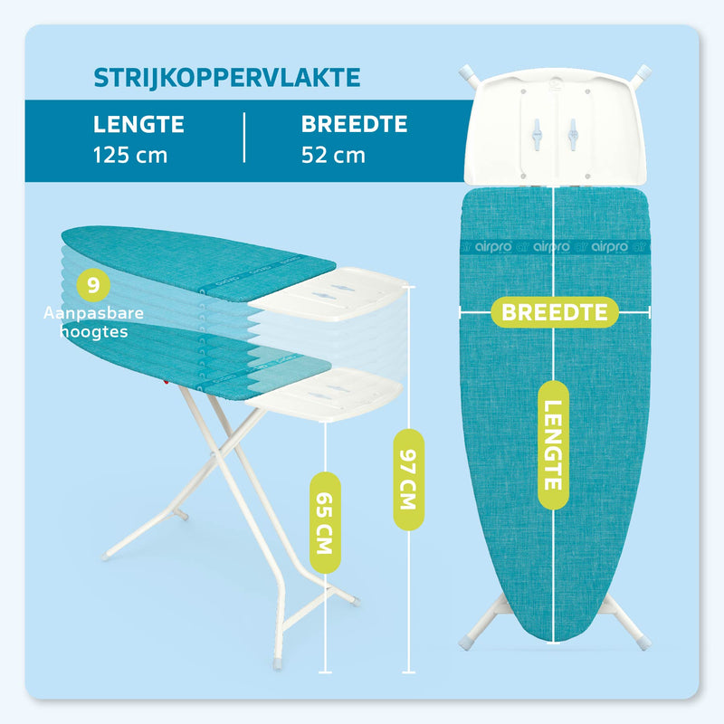 AIRPRO By Widex Strijkplank - 125 x 52 XL - 50% Sneller strijken - Extra duurzaam - Inclusief gratis Airpro Strijkplankhoes