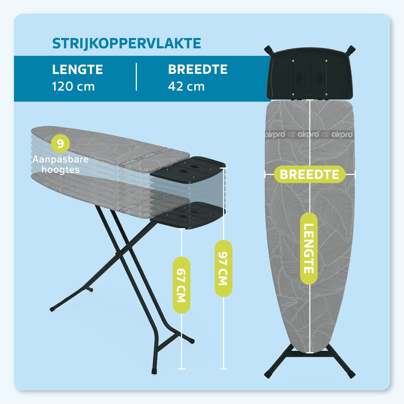 AIRPRO By Widex Strijkplank - 120x42 L Antraciet - 50% Sneller strijken - Extra duurzaam - Inclusief gratis Airpro Strijkplankhoes